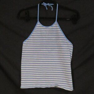 Y2K - GAP - Stretch | medium | Blue and White Striped Halter Top | Open Back